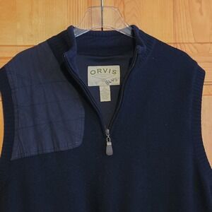 Orvis Wool Vest Mens Large Navy Blue 1/4 Zip Sleeveless